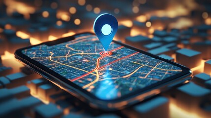 Smartphone displaying a map with a blue location pin over a city.