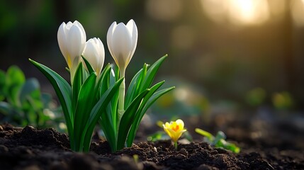 A bunch of white flowers are growing in the dirt