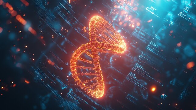 A glowing DNA strand stands out against a futuristic digital background. - Powered by Adobe