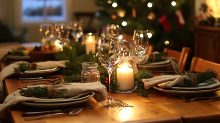 A festive table with candles, greenery, and elegant dinnerware, evoking warmth and sustainability.