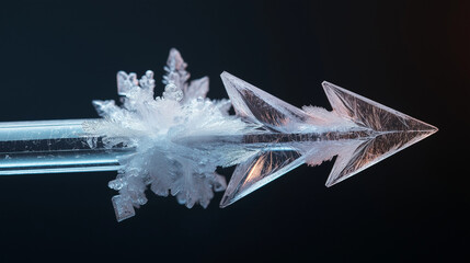 A close-up of an ice crystal forming an arrow shape.