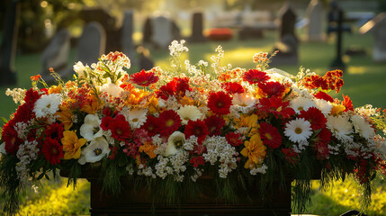 flower arrangement on coffin