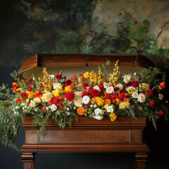 Obraz premium wooden coffin with colorful flower arrangement