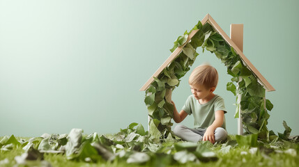A young boy sits inside a house made of leaves, surrounded by greenery.