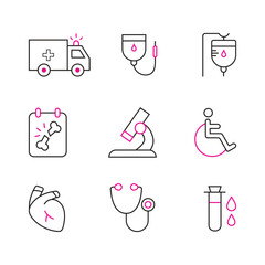 Healthcare - thin line vector icon set. Pixel perfect. Editable stroke. The set contains icons: Healthcare And Medicine, Doctor, Telemedicine, Medical Exam, Electrocardiography, First Aid, Ambulance, 