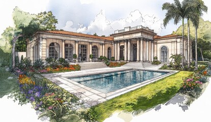 Obraz premium An elegant classical estate surrounded by lush greenery, featuring symmetrical architecture, stately columns, and a serene outdoor pool