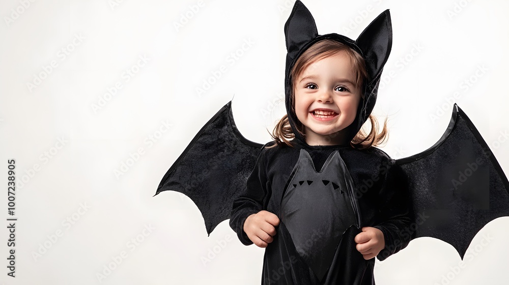 Wall mural baby girl dressed as bat for halloween, sitting on white. festive and fun portrait with copy space