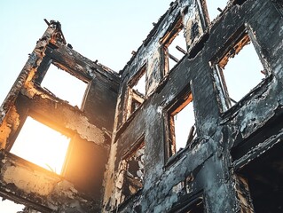 Fototapeta premium Crumbling remains of a burnt-out building with sunlight filtering through the windows, showcasing devastation and urban decay.