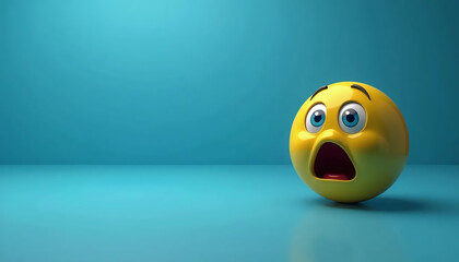 A 3D yellow emoji with a surprised expression sits on a smooth teal surface. The minimalist background highlights the character's wide-eyed shock.

