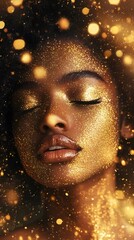 A beautiful Black woman with gold glitter on her face, surrounded by golden particles and dust in the air