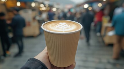 A close-up of a cup of latte art coffee, held in the hand of someone in a busy, crowded street.