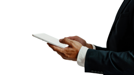 Businessperson analyzing quarterly report on tablet on white background