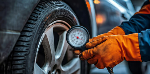 Car mechanic  holding pressure meter to check the winter tire