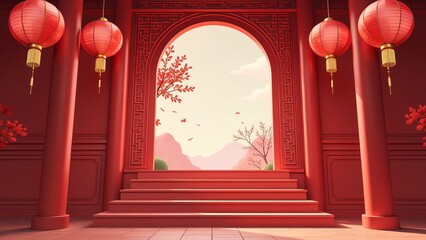 Chinese illustration. Stairs in asian new year or spring entry realistic greeting poster, red lanterns, curtains traditional festive china lunar calendar