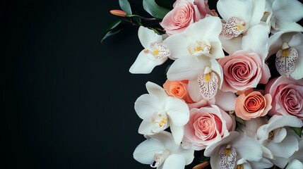 Elegant bouquet of pink roses and white orchids on a dark background, perfect for romantic and floral-themed designs.