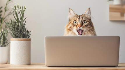 A surprised tabby cat peeks over a laptop screen, mouth open in astonishment.