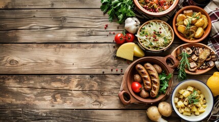 Photo of a traditional Bavarian meal with sausages, fried potatoes, and sauerkraut, served on a rustic wooden table --chaos 20 --ar 16:9 --v 6 Job ID: 299c2e22-a5f9-4b73-9f47-f6b70db975a3