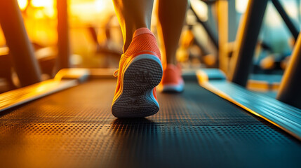 Fototapeta premium Close-up of Woman's Feet Running on Treadmill in Gym with Bright Lighting, Fitness and Cardio Training for Healthy Lifestyle Concept