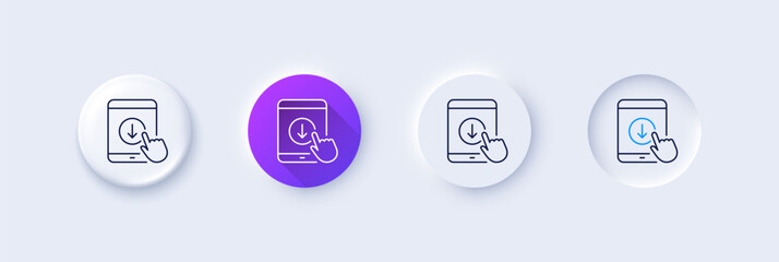 Scroll down tablet pc line icon. Neumorphic, Purple gradient, 3d pin buttons. Scrolling screen sign. Swipe page. Line icons. Neumorphic buttons with outline signs. Vector