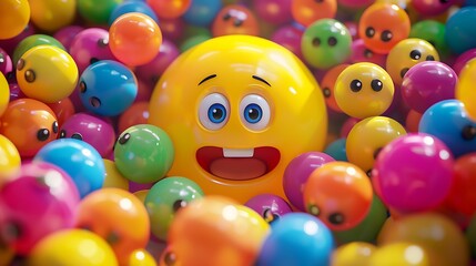 Curious emoji ball with curious colorful balls filling the frame, full frame