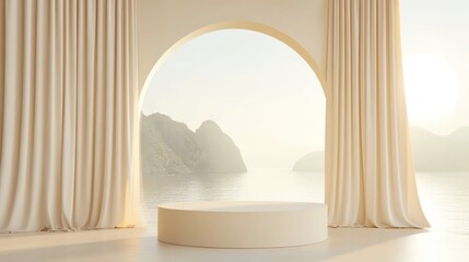 Minimalist Product Display with Ocean View and Curtains.