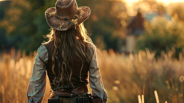 A woman wearing a cowboy hat walks through a field at sunset