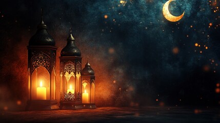Three ornate lanterns lit with candles against a night sky with a crescent moon and sparkling bokeh.