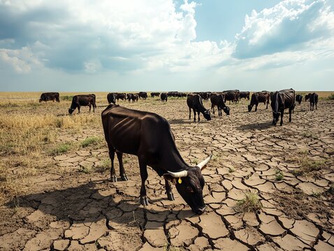 Cattle grazing on dry, cracked earth in a drought-stricken field under a dramatic, cloudy sky. Climate change and agricultural impact.
