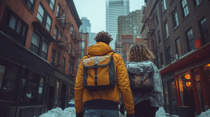 Obraz premium young couple man and woman holding hands with backpack affectionately while walking in the city during the winter snow season