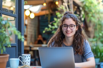Joven chica feliz trabajando en un cowork. Generativa ia