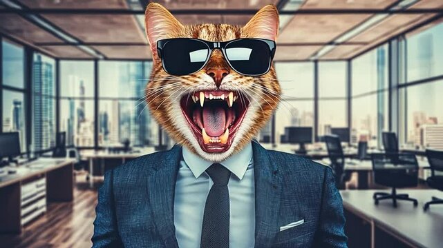 Confident Feline in Sunglasses Takes Charge in a Modern Office Generative AI