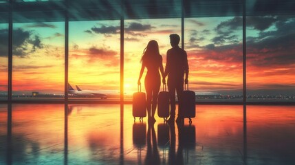 Silhouettes of a couple with luggage looking out of airport window at sunset.