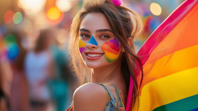Smiling woman with rainbow face paint at a pride celebration.
