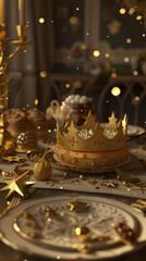 Golden Crown Cake on Festive Table for Three Kings Day