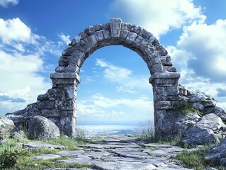 Ancient stone arch with a scenic view of the sky and horizon in the background, surrounded by rocks and plants, under a cloudy blue sky.