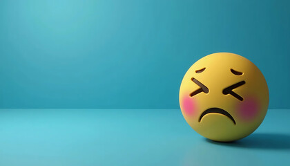 Fototapeta premium A 3D yellow emoji with a pained expression and blushing cheeks sits on a smooth teal surface. The minimalist background emphasizes the emoji's emotional impact.