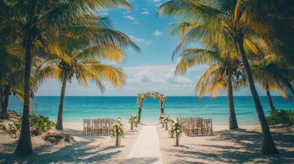 Tropical beach wedding ceremony setup with a floral archway and white aisle runner.