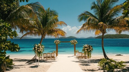 Fototapeta premium Tropical beach wedding ceremony setup with white floral arrangements under two palm trees.