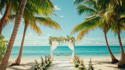 Fototapeta premium Wedding ceremony setup on a tropical beach with white flowers and palm trees.