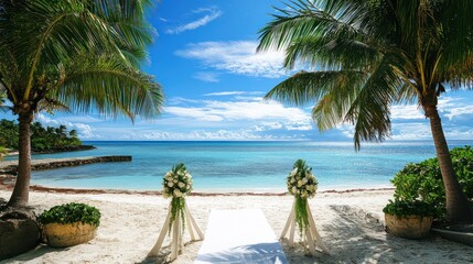 Fototapeta premium A tropical beach wedding ceremony setup with palm trees and white flowers on a white sand beach with turquoise ocean waters in the background.