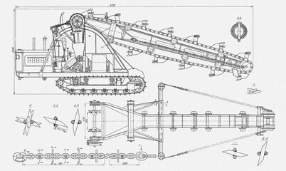 Tracked (crawler) earthmoving machine. 
Technical drawing of tractor.
Engineering mechanical pencil design of excavator
with dimension lines. Industrial 
cad scheme on white paper sheet. 