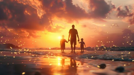 Fototapeta premium A family of three enjoying a peaceful walk along the beach during sunset