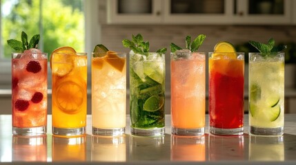 a variety of drinks sweetened with stevia, displayed on a kitchen counter. Concept Healthier Eating Choices, Low-Calorie Alternatives, Artificial Sweeteners, Sugar Substitutes, Wellness Options