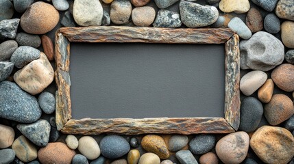 Smooth, colorful stones surrounding a wooden frame with a gray slate background.