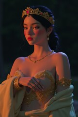 3D Digital Illustration of Elegant Woman in Regal Attire with Ornate Jewelry

