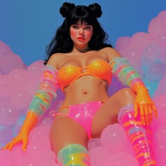 3D Digital Illustration of a Stylish Woman in Neon Outfit with Colorful Background – Fantasy and Artistic Concept
