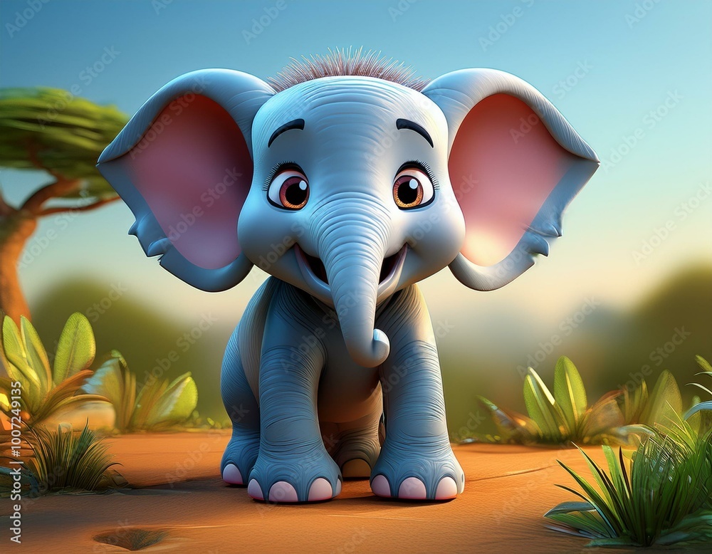 Poster Cute Cartoon Elephant on an African Plain