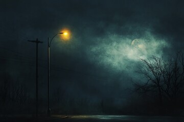Mysterious night scene with a single streetlight illuminating a foggy road, creating an eerie atmosphere under a cloudy moonlit sky.