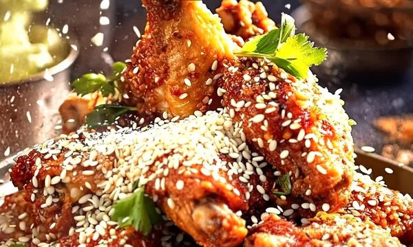 Fondo de comida.
Alitas de pollo picantes a la parrilla con ketchup y salsa de barbacoa en un plato negro sobre un fondo de pizarra oscura, piedra u hormig&oacute;n.