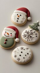 Fototapeta premium A group of decorated cookies with santa hats and snowmen